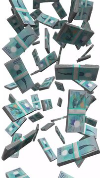 Vertical Maldives Money, Falling Maldivian Rufiyaa Bills, Cash Stacks Isolated on White, 4K