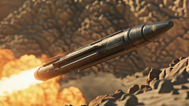 Missile flies low over a rocky desert landscape with flames and smoke behind it, showing high speed flight, military technology and dramatic action in a rugged environment