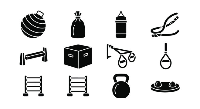 Set of 12 black silhouette gym and fitness equipment vector icons for workout apps, health websites, and sports branding