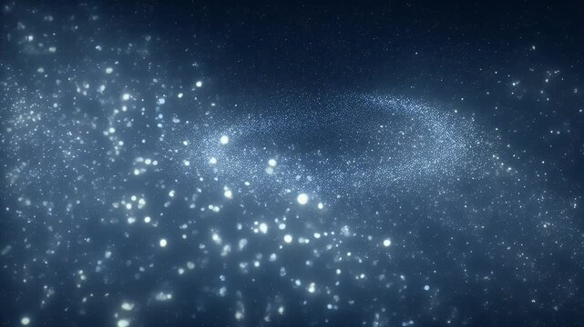Deep blue cosmic background shimmering with starlight, bright bokeh, and a dense particle cluster