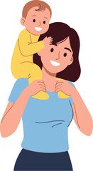 Obraz premium Mother carries a happy baby boy wearing a yellow outfit on her shoulders while smiling brightly.