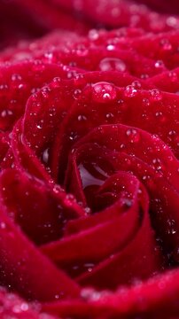 Red rose flowers with water dew drops circle rotation close up, vertical video format