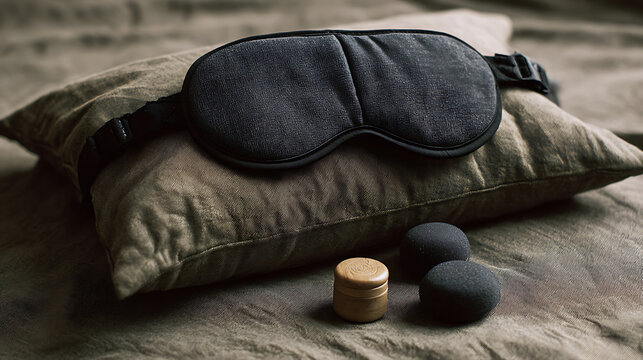 Sleep essentials, eye mask, earplugs, and natural remedy on pillow