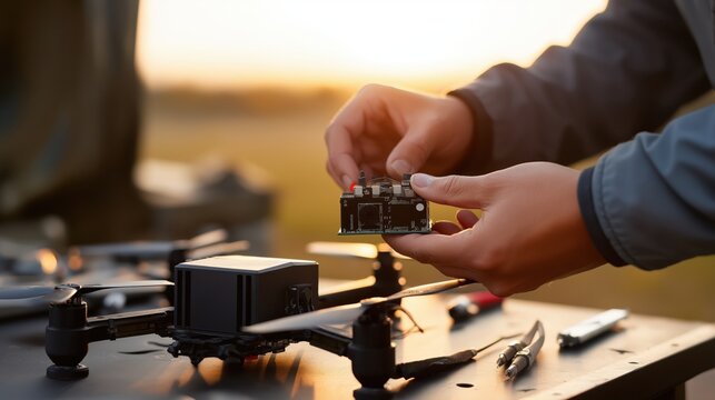 Close-up of technician hands assembling a quadcopter drone outdoors, installing an electronic module on a workbench with tools, illustrating UAV repair, maintenance, and aerial technology setup.