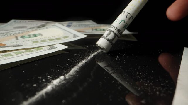 Imitation of cocaine consumption through a rolled-up hundred dollar bill, camera moving forward as I suck in the powder. close-up.