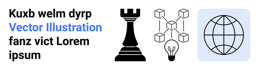 Strategy, innovation, technology, global communication, blockchain, knowledge. Chess rook, blockchain diagram light bulb and globe elements. Strategy and innovation highlighted © robu_s