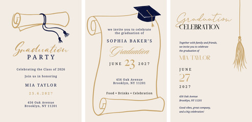 Class of 2026 elegant vintage graduation party and prom invitations with black and gold hand drawn line art elements. © Marina Zlochin