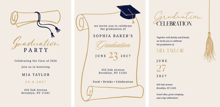 Class of 2026 elegant vintage graduation party and prom invitations with black and gold hand drawn line art elements.