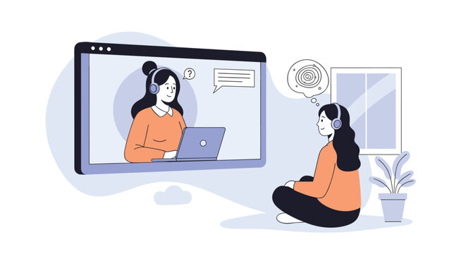 Young woman wearing headphones participates in a online therapy session with a counselor through a computer screen.