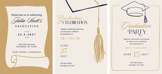 Fototapeta premium Class of 2026 elegant vintage graduation party and prom invitations with black and gold hand drawn line art elements.