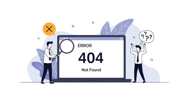 Concerned office workers look at a laptop screen showing a 404 error page while using a magnifying glass to investigate the problem.