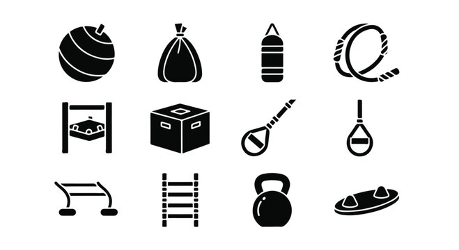 Set of 12 black glyph fitness equipment icons vector for gym workout, exercise, sports, and healthy lifestyle designs