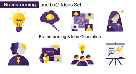 Fototapeta premium Brainstorming and Idea Generation Vector Icon Set with 8 Flat Design Elements for Business Strategy, Creative Thinking, and Innovation