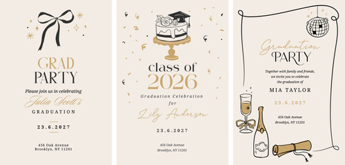 Class of 2026 elegant vintage graduation party and prom invitations with black and gold hand drawn line art elements. © Marina Zlochin