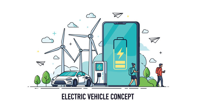 Electric vehicle concept showing a car plugged into a charging station with wind turbines and a smartphone app tracking battery life.