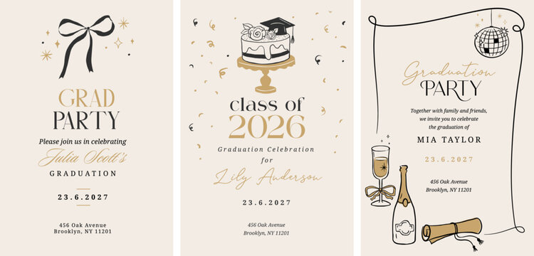 Class of 2026 elegant vintage graduation party and prom invitations with black and gold hand drawn line art elements.