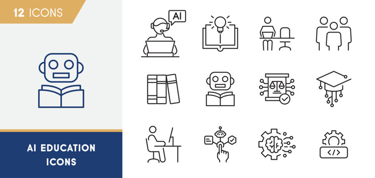 AI Education And Learning Technology Line Icons Set With Artificial Intelligence Training And Knowledge Symbols