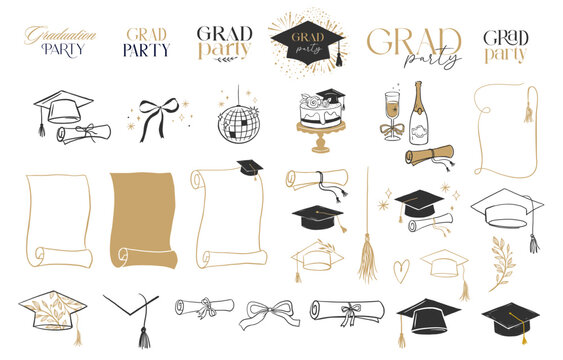 Hand drawn black and gold graduation doodles and line art elements for grad party and prom designs.
