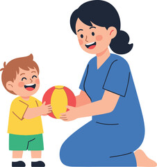 Fototapeta premium Smiling caregiver hands a red and yellow ball to a happy young boy in a bright illustration.