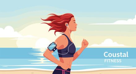 Naklejka premium Active woman runs along a sandy beach at sunrise, wearing headphones and an armband for a morning coastal fitness workout.