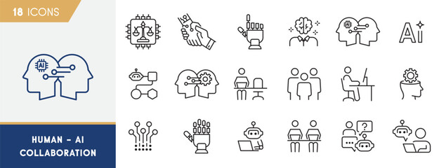 Fototapeta premium Human AI Collaboration Line Icons Set With Artificial Intelligence Partnership And Hybrid Intelligence Symbols