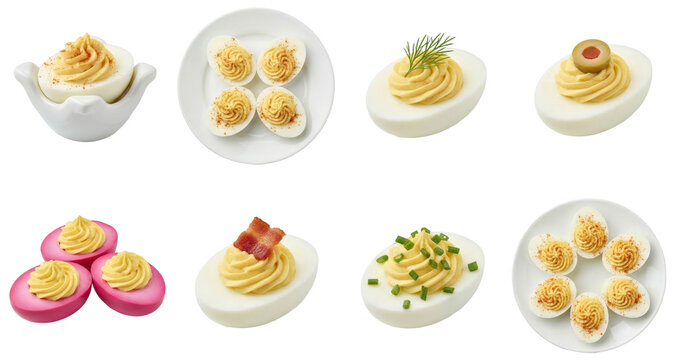 set of various deviled eggs with different toppings on black background