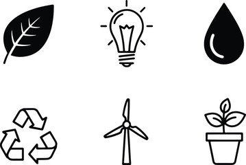 Fototapeta premium A set of vector line art silhouettes depicting eco-friendly concepts and sustainable living icons.