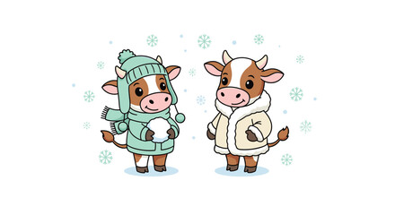 Fototapeta premium Cute cartoon cows wearing warm winter hats and coats playing with snowballs in a winter landscape with falling snowflakes.