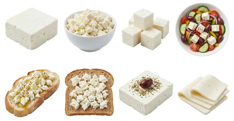 collection of feta cheese blocks cubes and salads on black background
