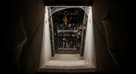 Obraz premium A POV shot looking down a dark, narrow concrete staircase into a creepy, dilapidated basement with peeling paint and cobwebs.