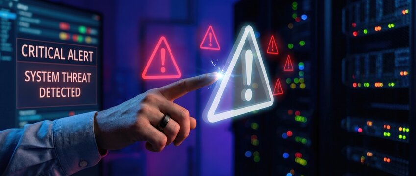 Critical alert for system threat detected data center digital security response high-tech environment close-up viewpoint cybersecurity awareness