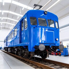 Obraz premium vintage blue electric train in modern maintenance depot bright lighting