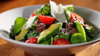 Spinach and avocado salad garnished with parmesan shavings