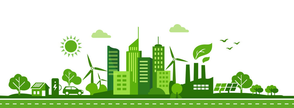 Eco friendly green city skyline with renewable energy and sustainable urban landscape vector illustration