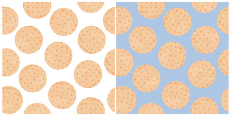 Hand‑Drawn Seamless Circle Patterns – Minimalist Vector Backgrounds with Big Polka Dots. Big Beige Biscuit Or Pizza-like Circles With Subtle Red Polka‑dot Accents On A White And Light Blue Background.