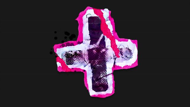 A drag and drop vibrant and brightly coloured symbol with alpha, in a torn creased up paper and card punk style that folds out in to place with worn aged effects and paper tears.
