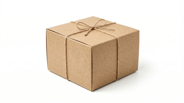 Kraft paper gift box with twine string isolated on white background, eco friendly packaging concept