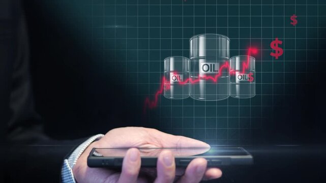Stock trader analyzing rising oil prices on smartphone with animated dollar icons and financial data growth. Hormuz strait blockade economy shake