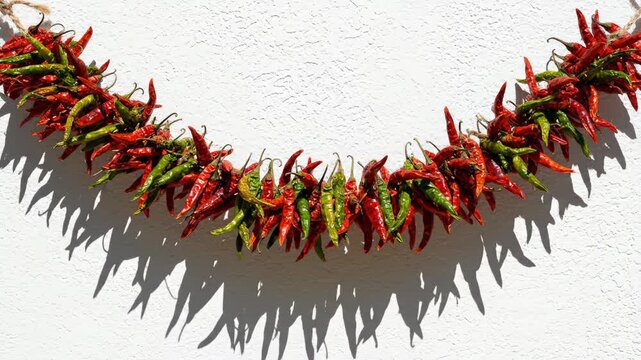 Dried Red and Green Chili Pepper Garland Hanging on a White Wall