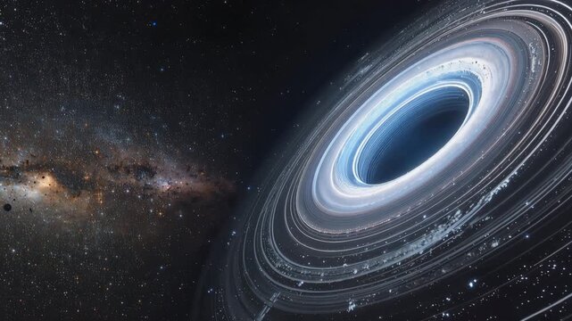 銀河の流れが青い喉へ吸い込まれる深宇宙の瞬間を描く