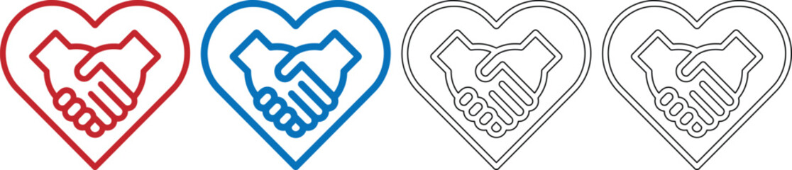 Fototapeta premium Heart shape icons with handshake inside in red blue and black on white background