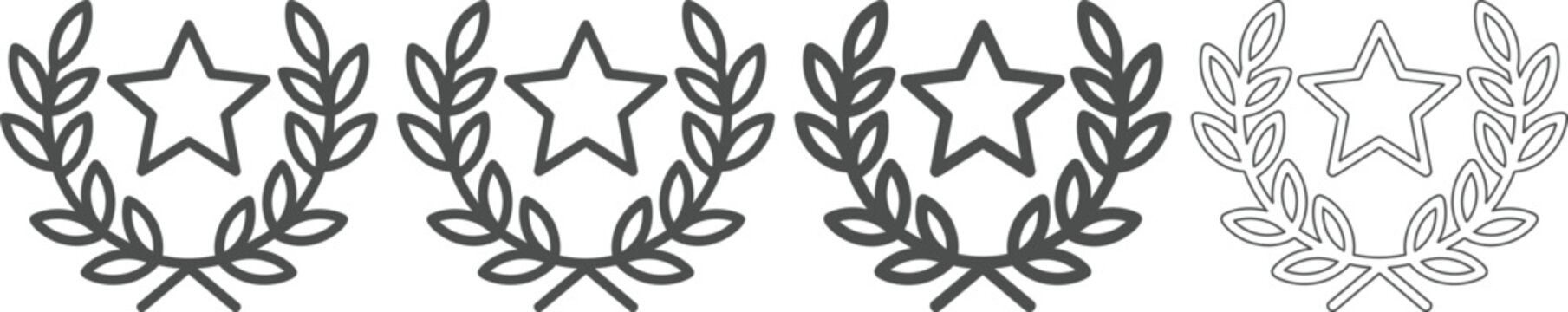 Star and laurel wreath icons in different shades of gray on transparent background for awards and recognition  various star and laurel wreath designs