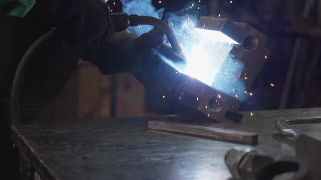 Slow-motion shot of welding piece of metal
