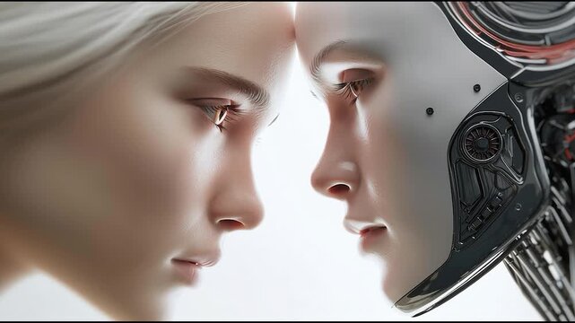 Futuristic concept of human and robot connection with touching foreheads on white background