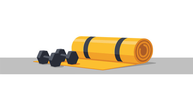 A rolled yellow yoga mat with black straps lies on a light grey surface next to two black dumbbells, suggesting a home workout setup.