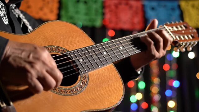 Close up of Hands Playing a Traditional Mexican Vihuela Guitar at a Fiesta