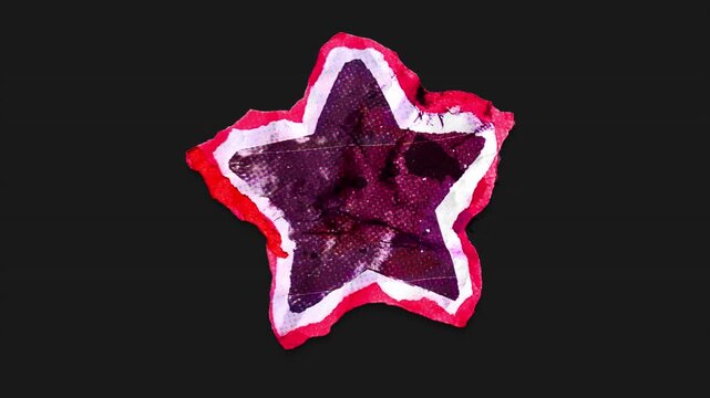 A drag and drop vibrant and brightly coloured symbol with alpha, in a torn creased up paper and card punk style that folds out in to place with worn aged effects and paper tears.
