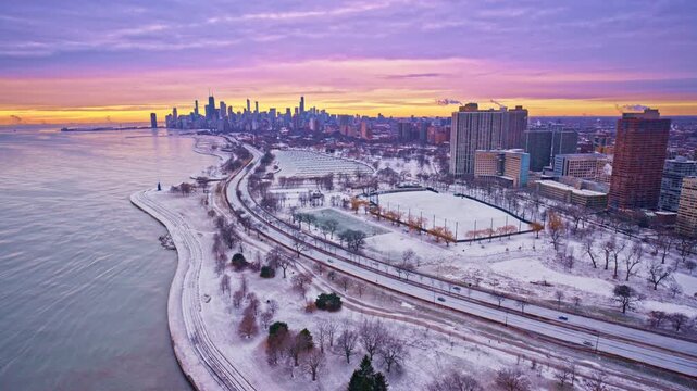 Cinematic drone flyover of Chicago&rsquo;s Loop as the winter sun rises.