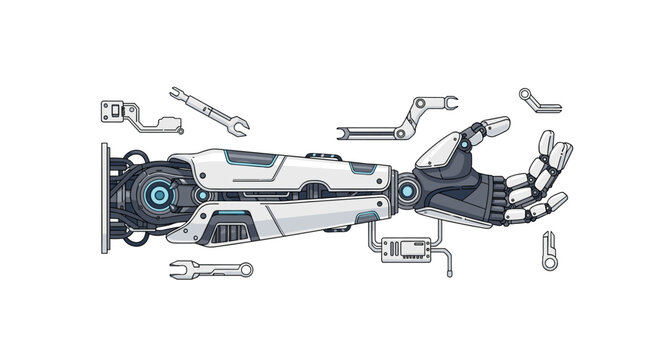 A disassembled robotic arm with white and blue accents is shown with its various mechanical components and wrenches spread out.