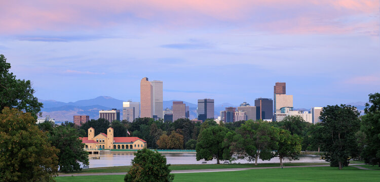 Denver Colorado Skyline with Pink Clouds at Sunrise